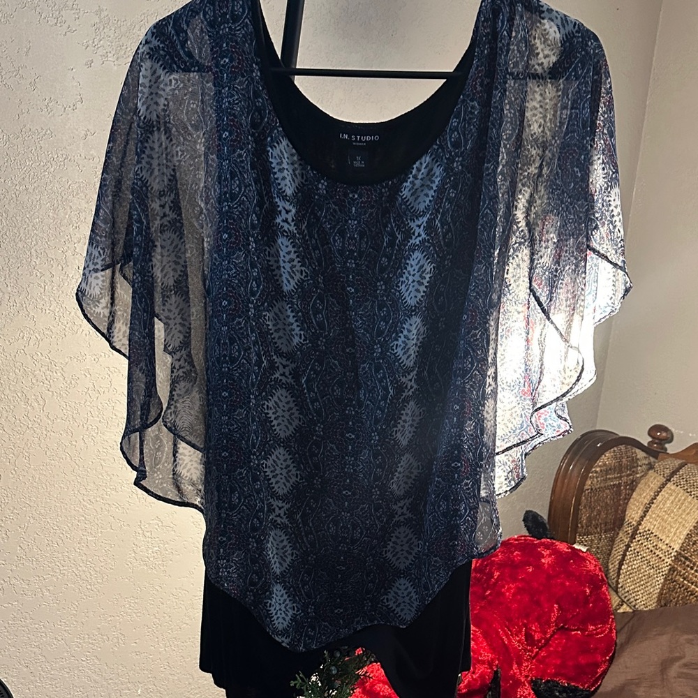 I.N. Studio Women's Black and Blue Sheer Blouse